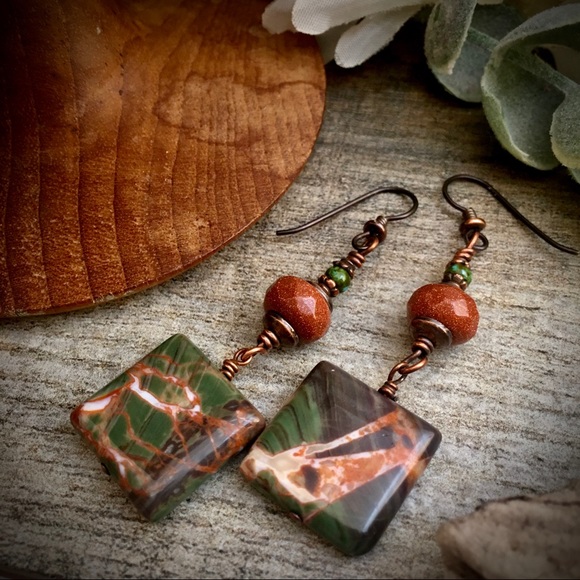 Hand Crafted Jewelry - Sedona Jasper sunstone wire wrapped earrings